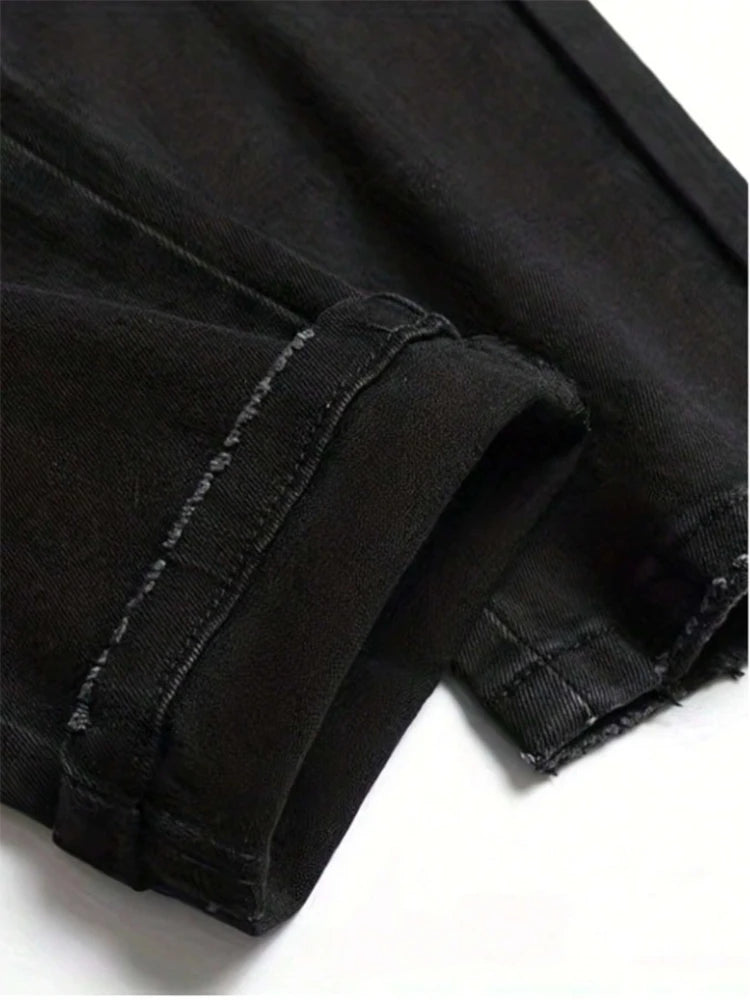 Men's Black Distressed Jeans Skull Patch & Embroidery Letter Print Slim Fit Stretch Denim Pants Street Fashion Biker Trousers