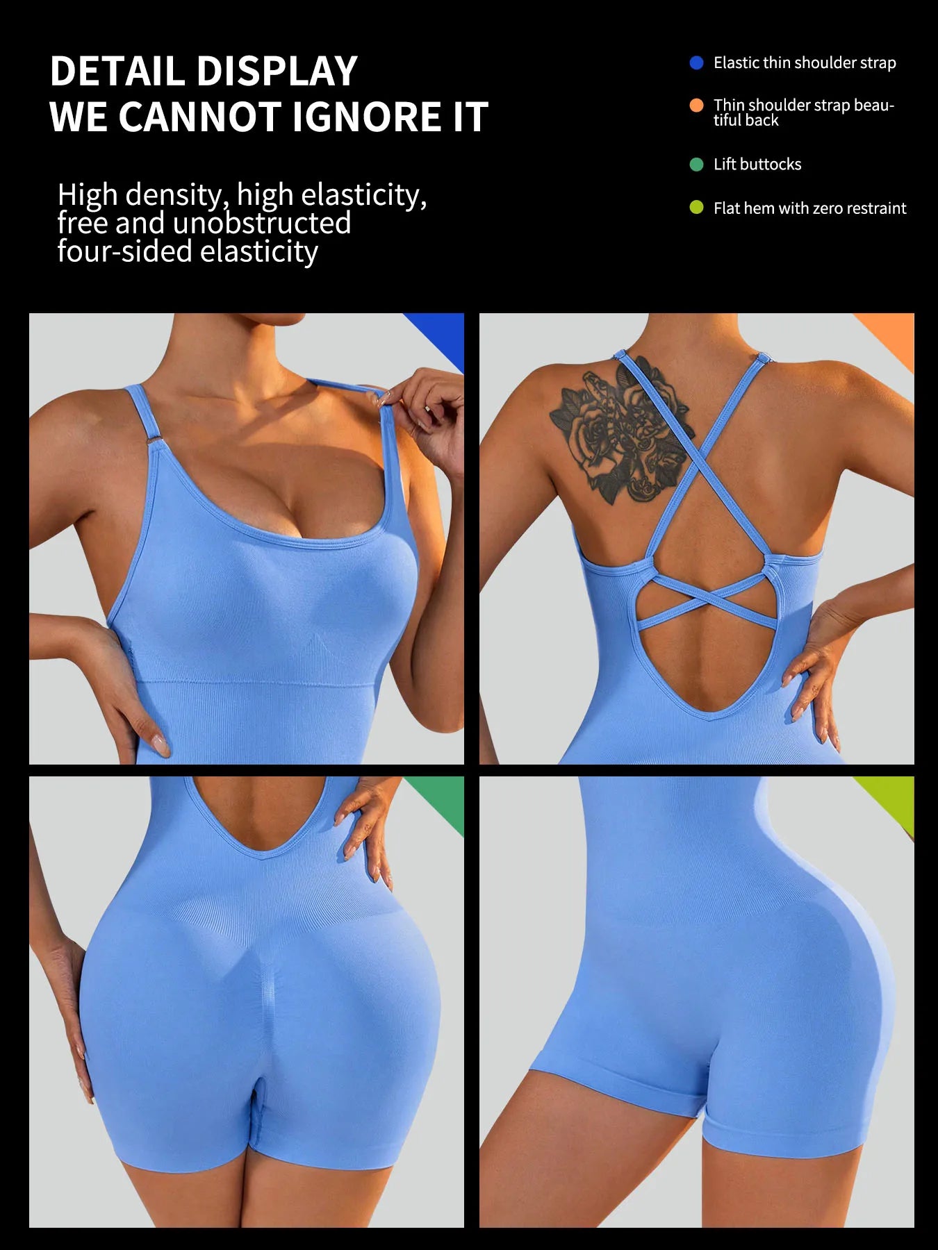 Women's Sexy Fitness Jumpsuit Cross Adjustable Sports Playsuit One Piece Yoga Suit with Scrunch Shorts And Backless Design