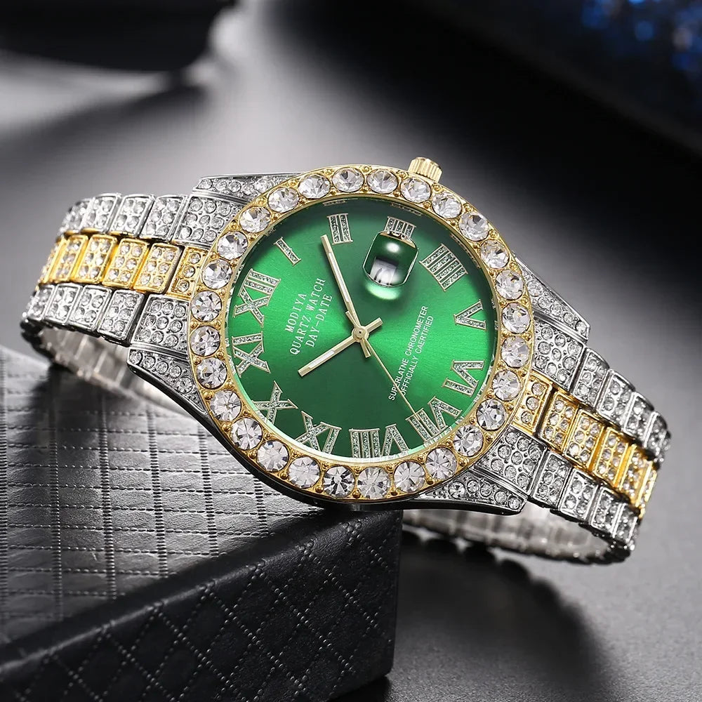Diamond Bling Watch Men Gold Color Luxury Gift Quartz Watches Male Clock Dropshipping  Rhinestone Calendar Wristwatch