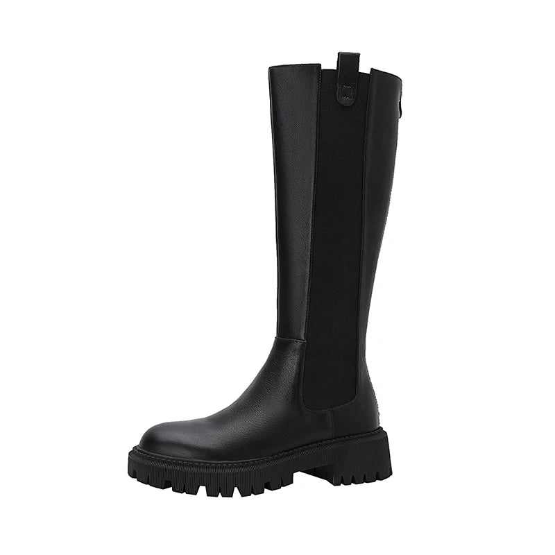 Autumn Winter New Women's High Boots Chelsea Boots Cow Leather Round Toe Heel Women Boots Knee-High Women Shoes Zipper