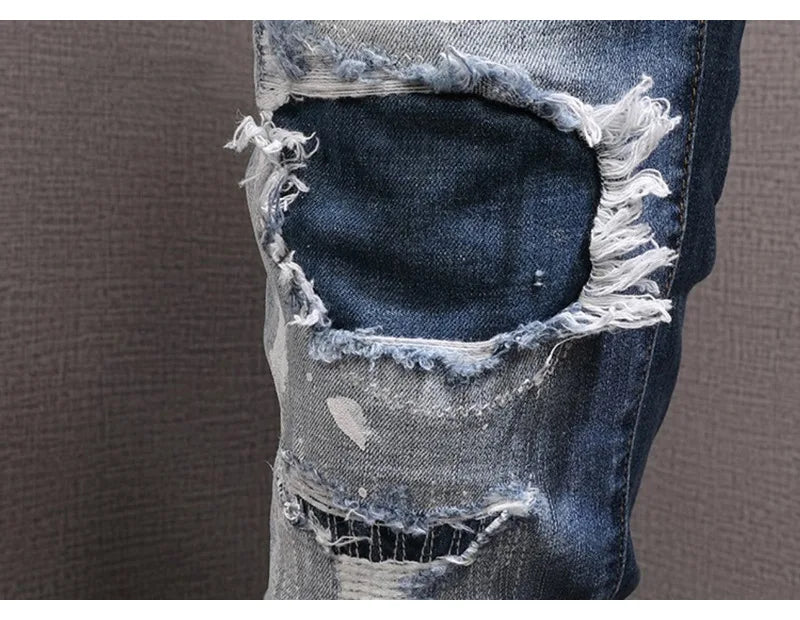 Retro Style Men's Slim Fit Jeans Distressed Hole Design Elastic Casual Long Pants Youth Trendy Street Style Straight Leg Jeans