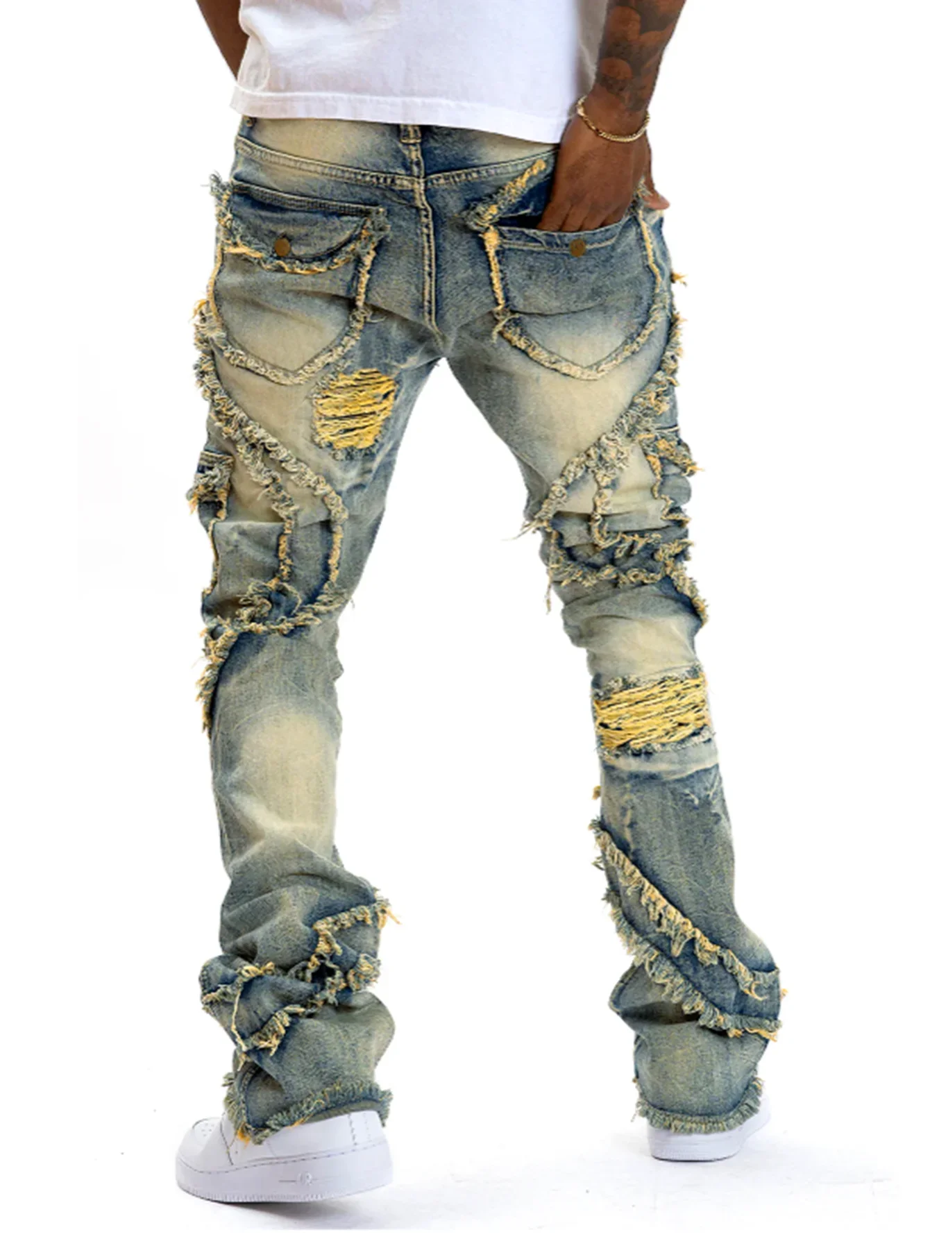 New Men Ripped Stacked Jeans Distressed Slim Fit Skinny Straight Leg Jeans Fashion Hip Hop Denim Pants Casual Streetwear