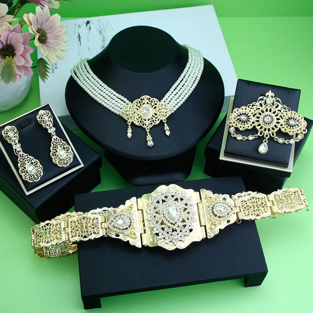 Sunspicems Morocco Bride Wedding Jewelry Sets For Women Gold Color Arabic Caftan Waist Belt Brooch Bead Choker Necklace Earrings