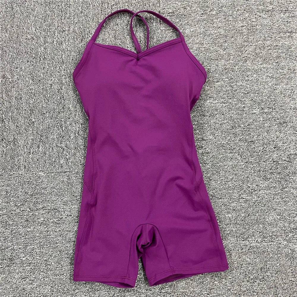 Rückenfreier Sportanzug für Damen, 2023, Lycra, Fitness-Overall, einteiliger Overall, Shorts, Sport-Outfit, Fitnessstudio, Trainingskleidung für Damen, Sportbekleidung