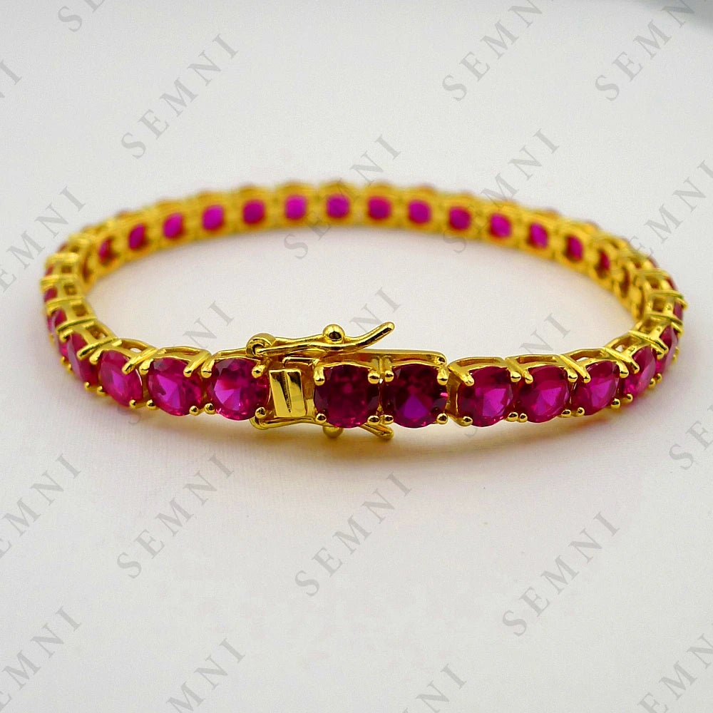 SEMNI 5mm Lab Sapphire Ruby Tennis Bracelet for Women 100% S925 Sterling Silver Fine Jewelry Birthday Party Gift Gold Color