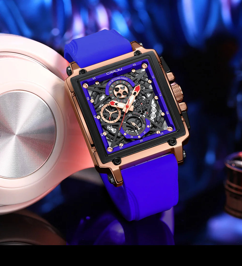 CRRJU Modische Sportuhren mit großem Zifferblatt, einzigartiges rechteckiges, hohles Design, Quarz-Armbanduhren mit Chronograph, automatisches Datum