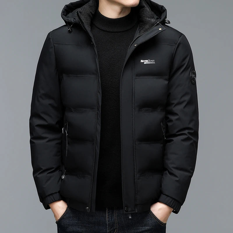 Men's Quilted Winter Windbreaker Parka Jacket with Thickened Lining – Hooded Standing Collar Coat for Middle-Aged Warmth