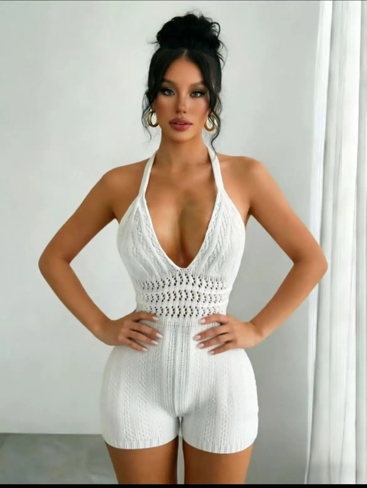 Women's Boho Crochet Halter Romper White Backless Slim Fit Knitted Bodysuit for Beach Vacation Summer Festival
