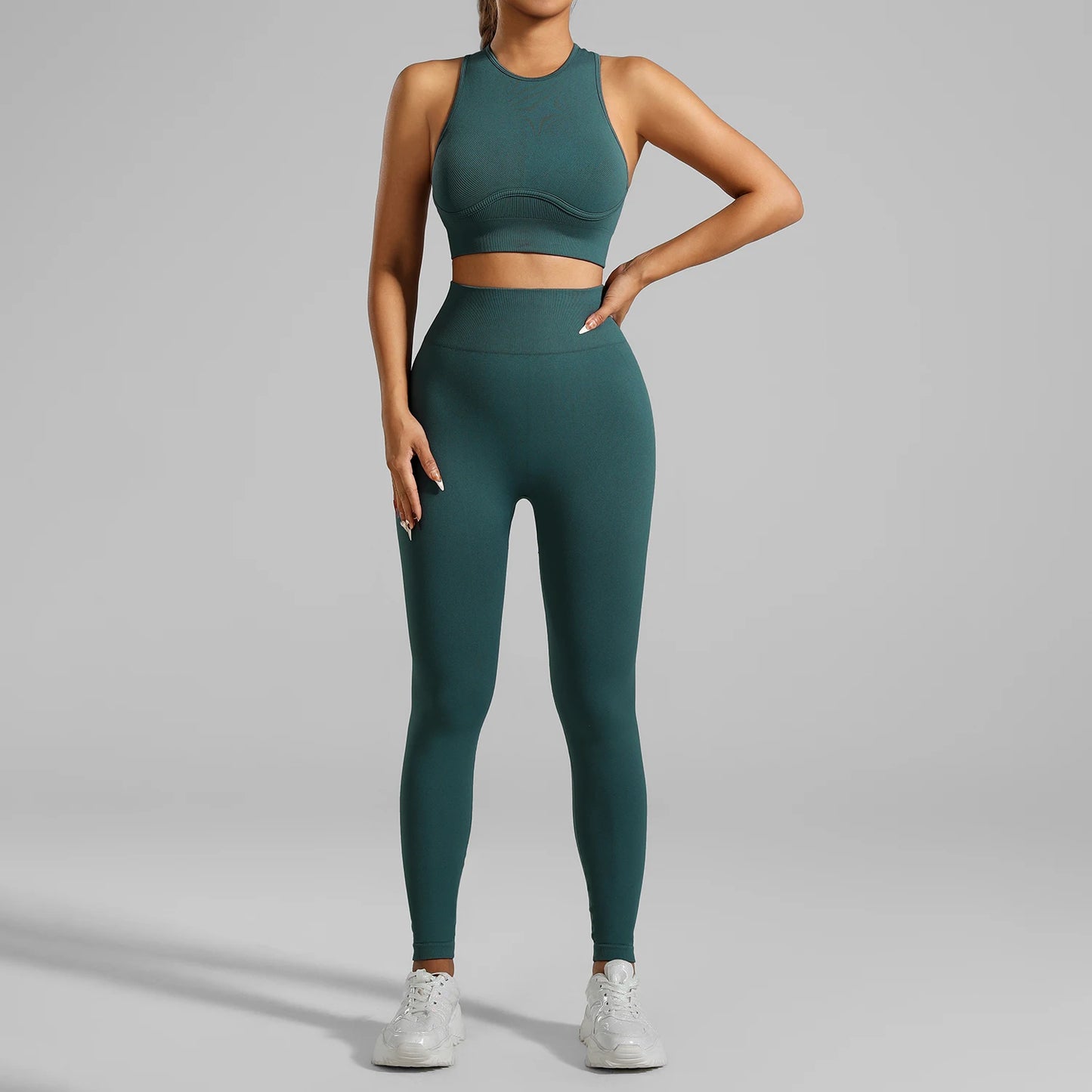 Seamless Ribbed High Waisted Yoga Set for Women, Tummy Control Criss Cross Back Workout Outfit, Quick Dry Fitness Set for Gym