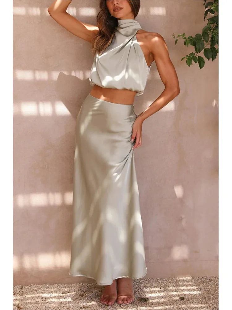 Women's Two-Piece Satin Long Skirt Sleeveless Fashion Off The Shoulder Elegant Solid Color Short Top A-line Skirt Two-Piece Set