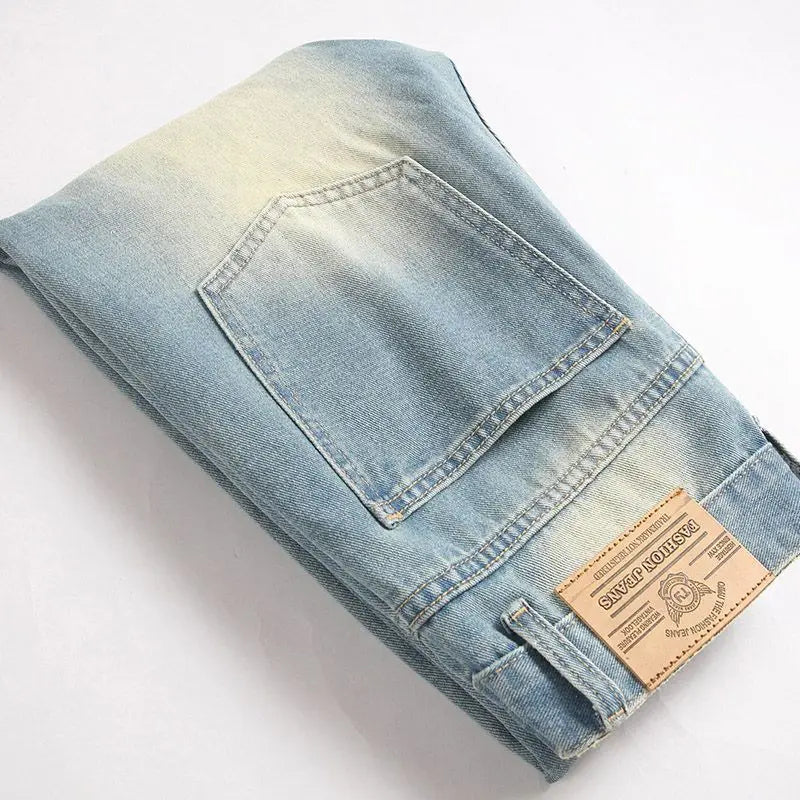 Autumn Men's New Light Blue Slim Fit Jeans Men's Ripped Loose Jeans Elastic Hole Versatile High Street Denim Pants Retro Washed