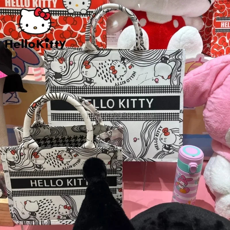 Miniso Sanrio Hello Kitty Canvas Tote Bag for Women Cute Cartoon Large Capacity Shopping Bag Commuter Handbag My Melody Bags