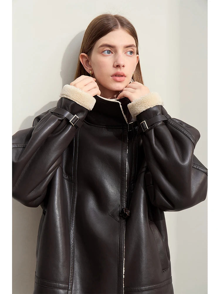 AMII Minimalist Simple Commuter Faux Leather Jacket for Women 2024 Winter Thick Warm Lapel PU Fur Female Chic Over Coat 12424007