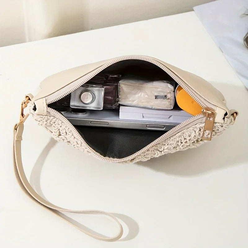 Korean Versatile Crossbody Crochet Bag, New Straw Woven Bag, Zipper Closure, Retro Casual Beach Flower Women's Bags