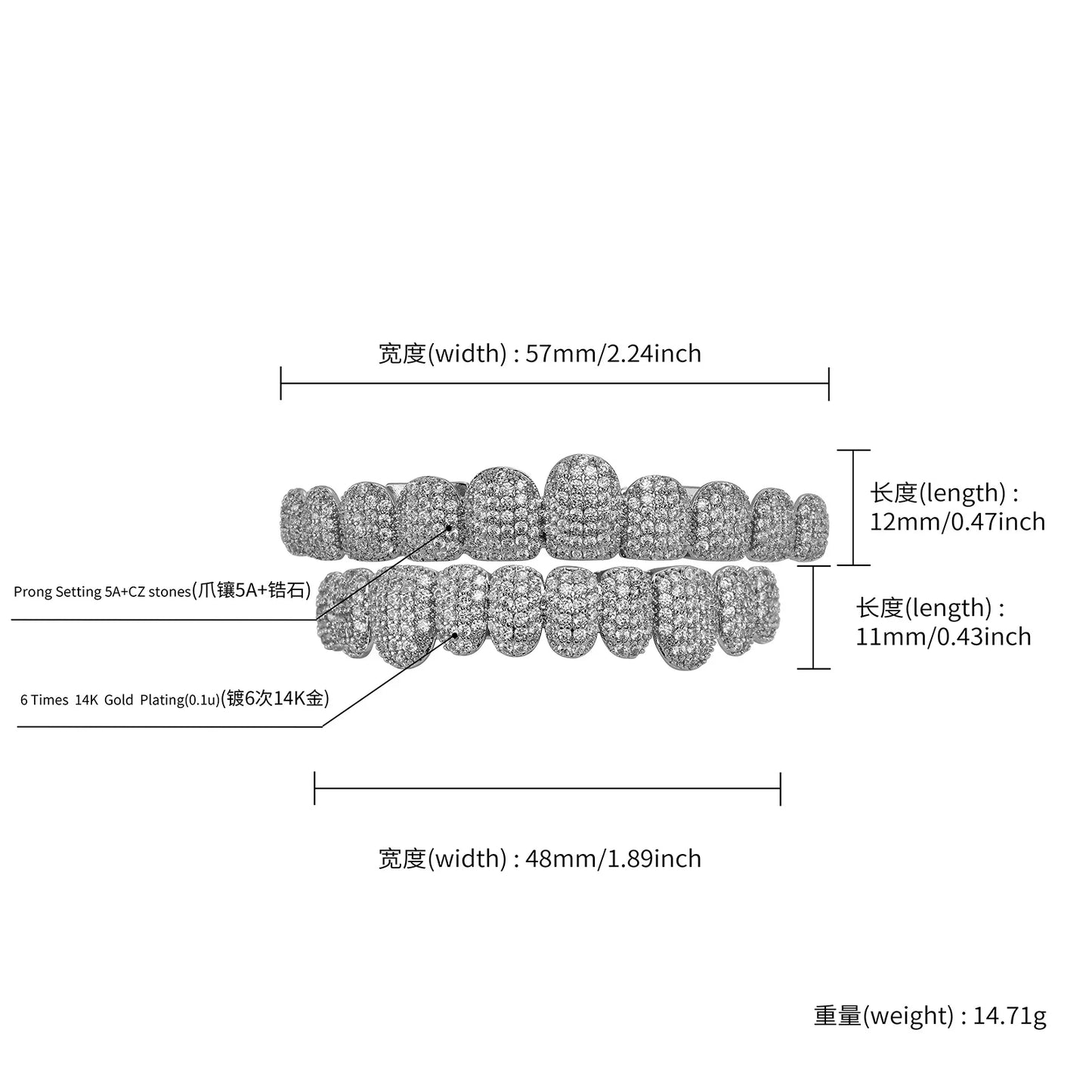 TOPGRILLZ Iced Out Cubic Zirconia Grillz Brace Punk 10/10 Top Bottom Dental Mouth Fang Grills Vampire Tooth Cap Cosplay Jewelry