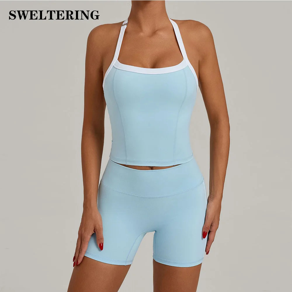 Yoga Sets Seamless Women Tracksuit Workout Sets 2 Pieces Gym Suits Ribbed Crop Tank High Waist Shorts Outfits Fitness Running