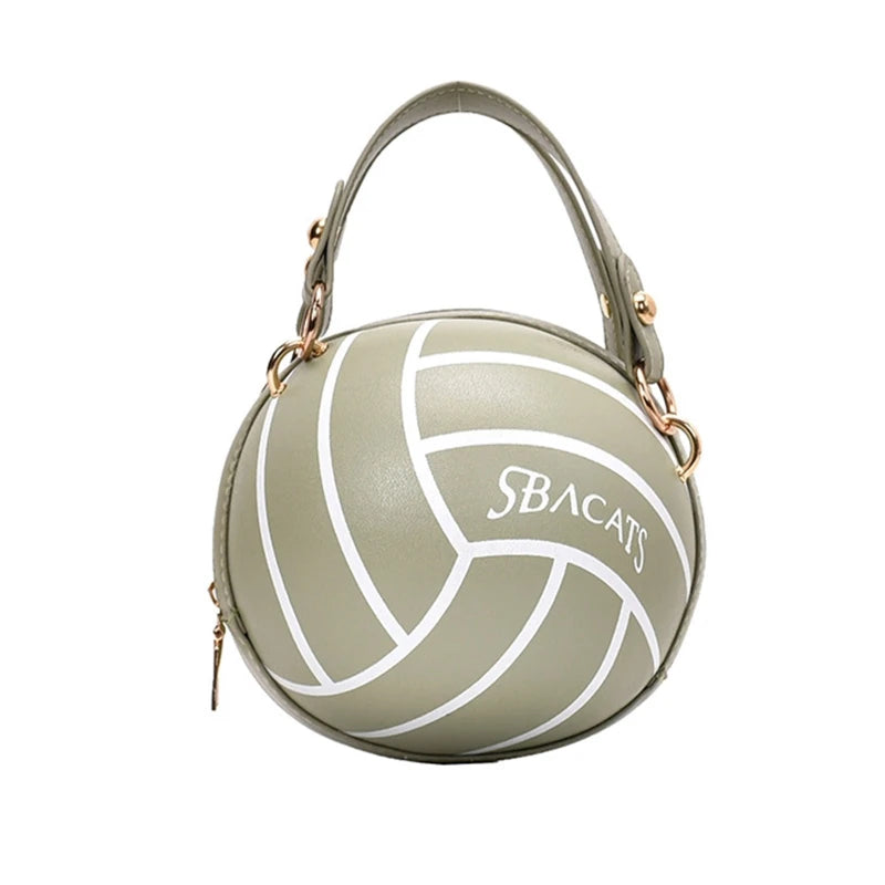 Women Ladies Football Volleyball Round Crossbody Shoulder Bag PU Leather Tote Purse Handbag Chain Purse Satchel