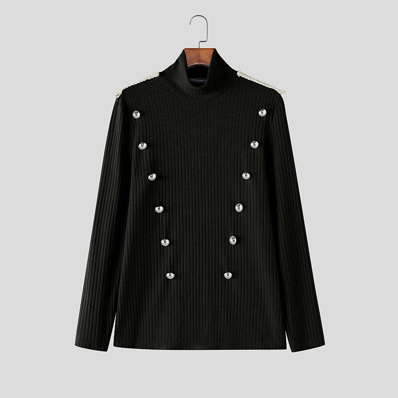 INCERUN Men Sweater Patchwork Turtleneck Long Sleeve Knitted Male Pullovers Button Streetwear Fashion Casual Men Clothing S-3XL