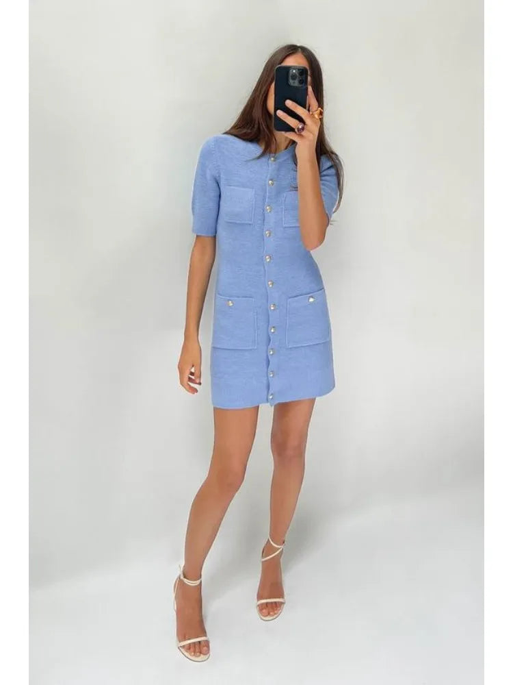 Women O-neck Short Sleeve Bodycon A-line Dresses Knitted Pocket Single Breasted Mini Dress New Chic Office Lady Vestidos
