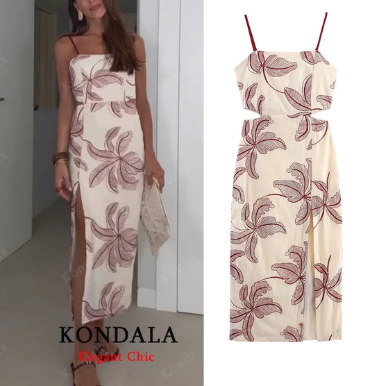 KONDALA Fall Women Elegant Embroidered Cami Dress Slim Waist Hollow-out Midi Dress 2025 Summer Autumn Fashion Holiday Sexy Dress