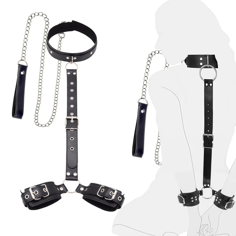 B*ndage R*straint Kit Adjustable Collar & Wrist Cuffs Durable PU Leather Fetish Play Set for Adult Couples