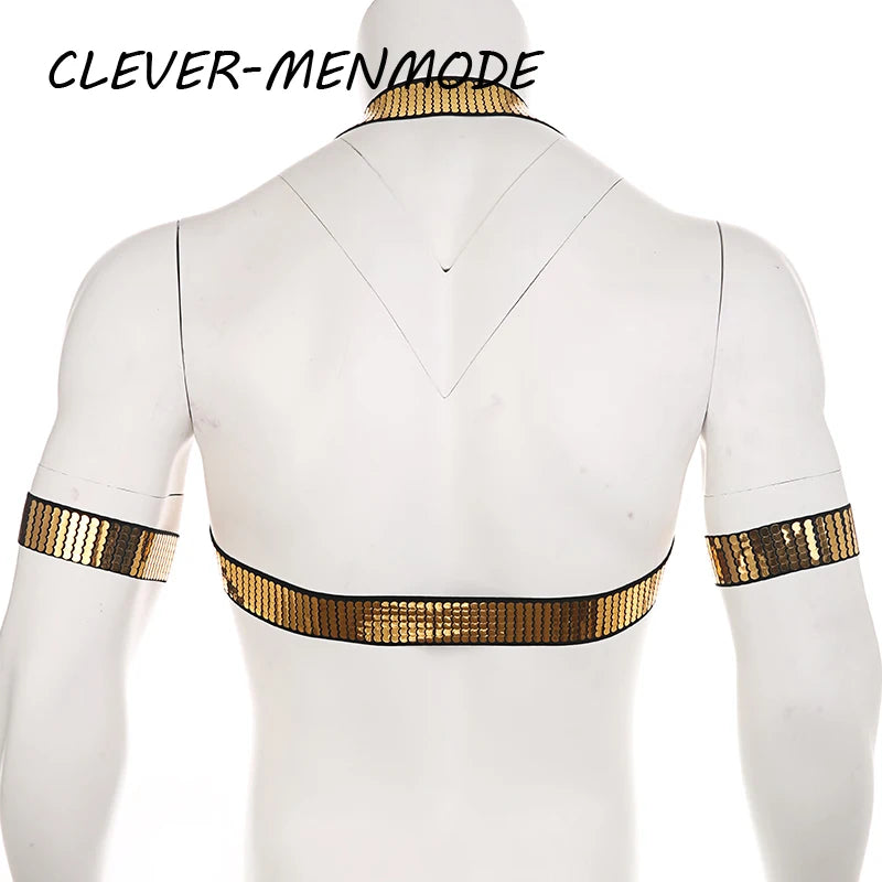 With 2 Arm Bands Men's Golden Shiny Harness Men Bondage for Nightclub Halter Neck Elastic Straps Lingerie Body Chest Harness