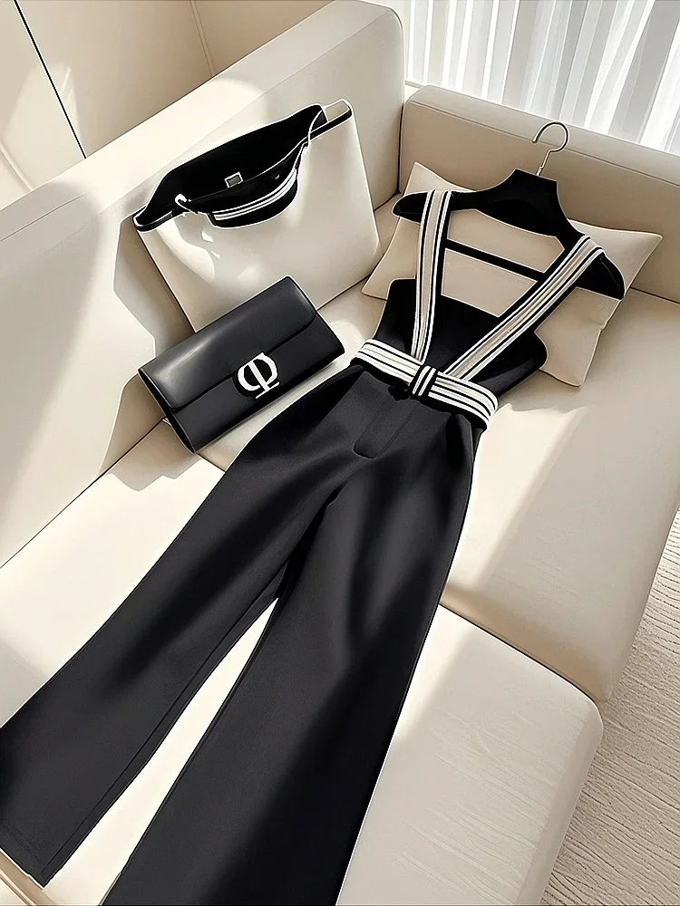 Korean Fashion Black Jumpsuit Women Elegance Strap Camisole Wide Leg Pant Jumpsuit Summer Frence Office Lady Design Style Formal