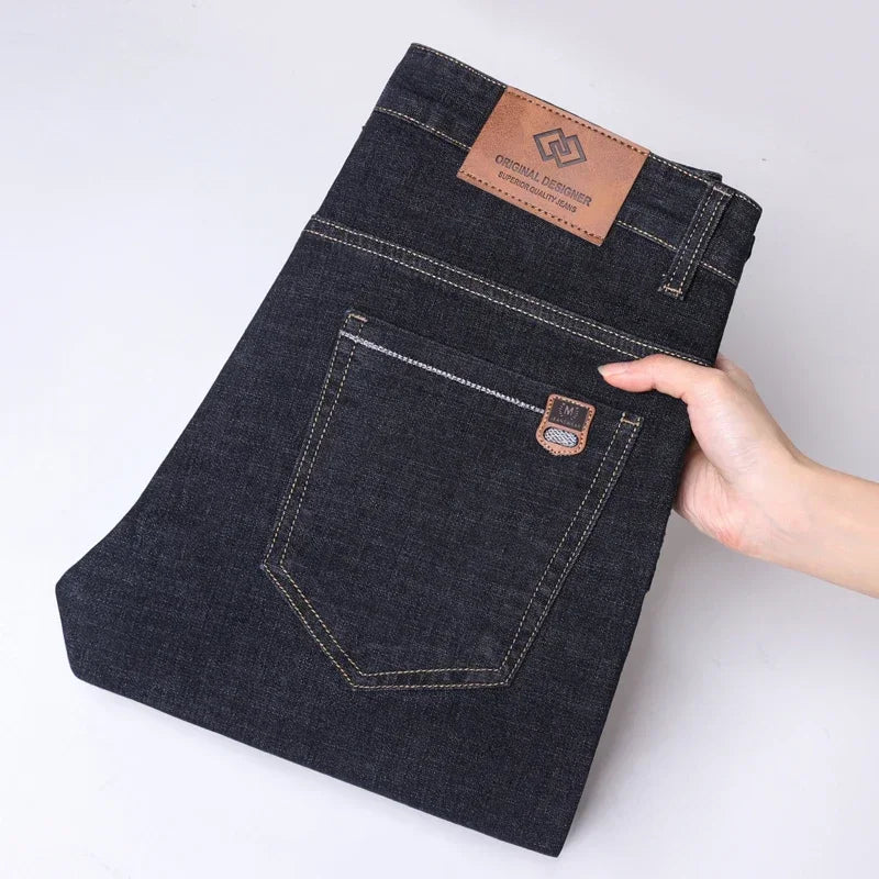 Business Thin Denim Jeans for Men Straight Stretch Cotton Work Pants Business Casual Lightweight Trousers Spring Autumn Workwear