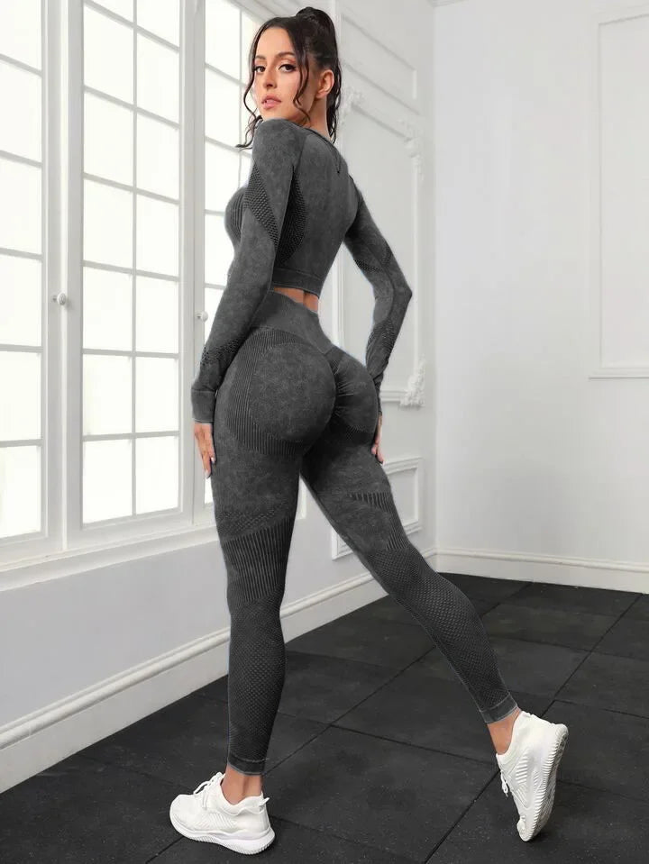Mileegirl 2pcs Gym Sets Women Seamless Sports Pants Hollow Out Long sleeves Top Fitness Winter Fall Workout Legging Warm Outifts