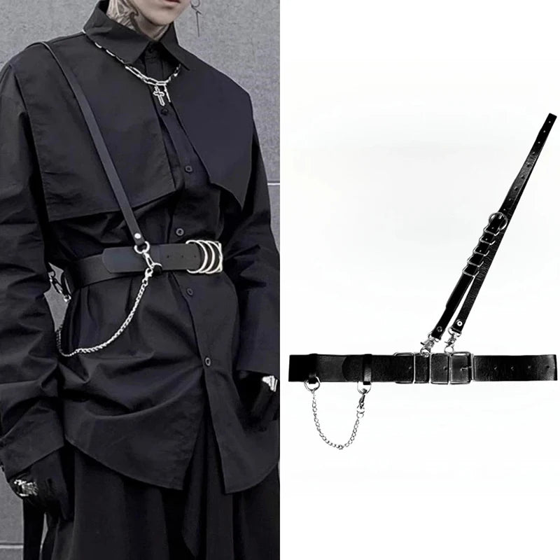 Korean Punk Style Detachable Chain Belt Men Women Belt Black PU Leather Harness Chain Belt Goth Corset Waist Belt Accessories