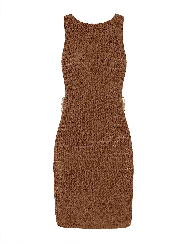 Summer Sexy One Neck Cut Out Circle Decoration Corset Slim Beach Mini Dress Women Seaside Beachwear Swimwear Cover Up