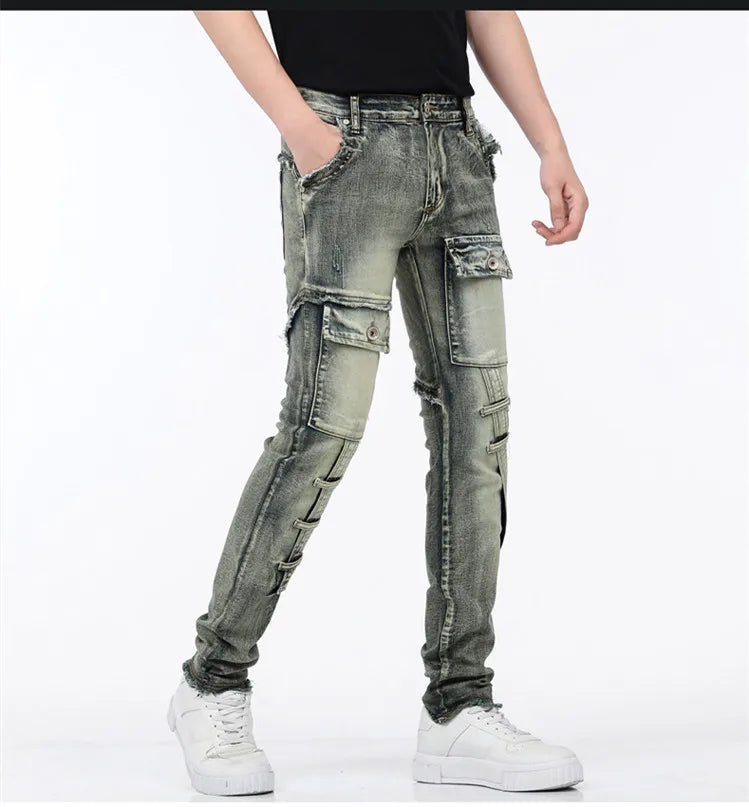 High-Quality Stylish Washed Men's Luxury Designer Jeans Trendy Men Vintage Denim Stretch  Workwear  Motorcycle Boyfriend Jeans
