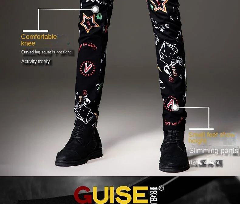 Luxuriöse Jeanshose für Herren, Hip-Hop-Jeans mit Graffiti-Print, Designer-Jeans in Slim Fit, trendige schwarze Jeans, Stretch-Cowboy-Baumwollhose für Männer