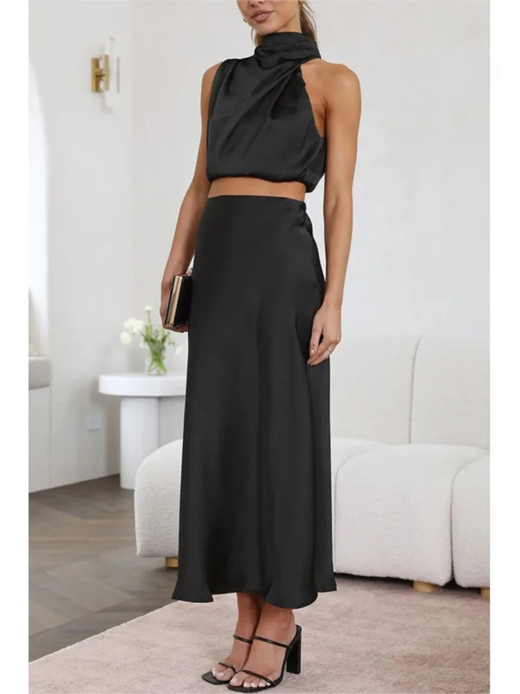 Women's Two-Piece Satin Long Skirt Sleeveless Fashion Off The Shoulder Elegant Solid Color Short Top A-line Skirt Two-Piece Set