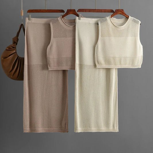 Two Piece Sets For Women Hollow Out Beach Skirts Outfits Knit Tank Tops Skirts with Slit Sexy Long Skirts Sets Women 2 Piece