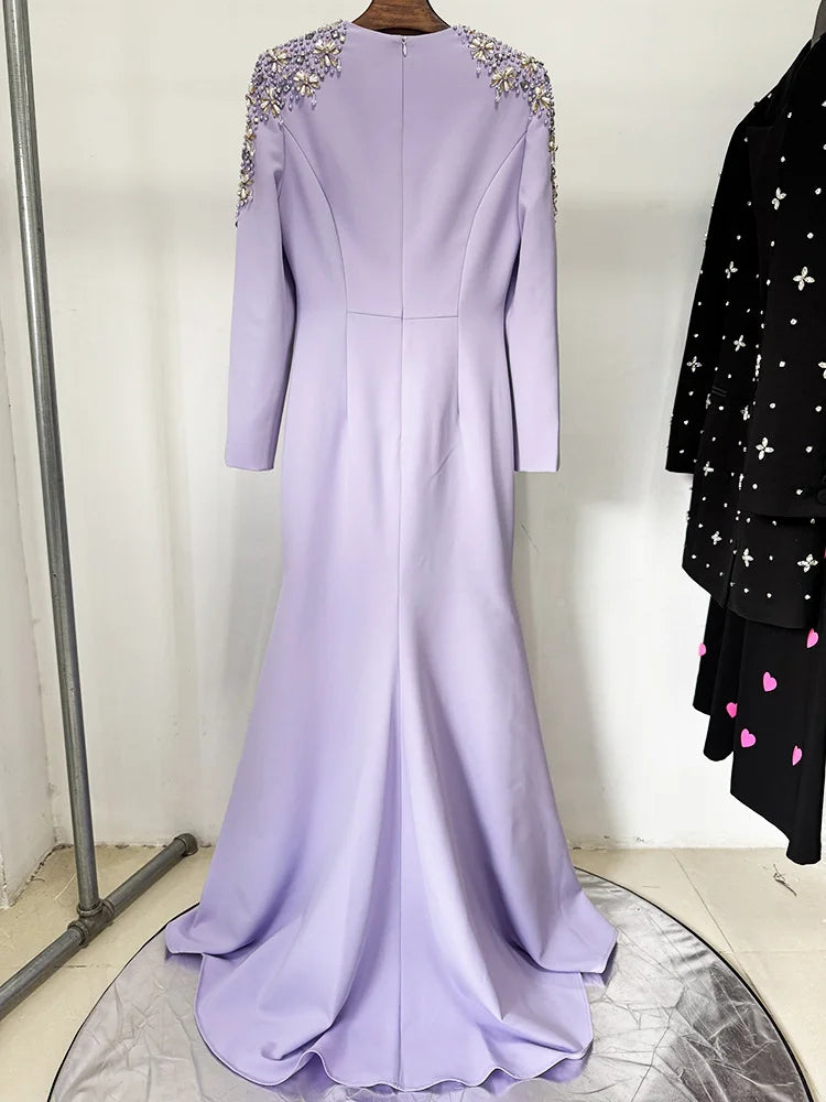 HIGH STREET Newest Fashion  Designer Party Vestido Women's Diamonds Beaded Split Long Maxi Dress