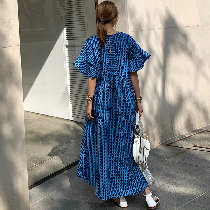 Johnature 2025 New Print Ruffles Sleeve Women Dresses Summer Korean Loose O-neck Simple Female Dress