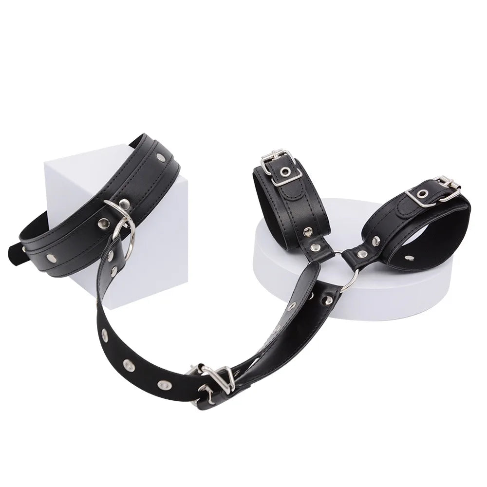 B*ndage R*straint Kit Adjustable Collar & Wrist Cuffs Durable PU Leather Fetish Play Set for Adult Couples