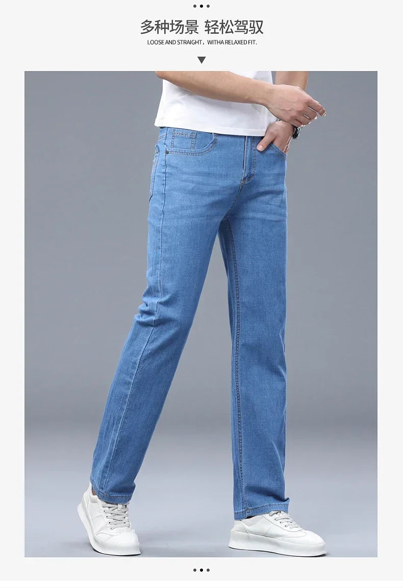 Business Thin Denim Jeans for Men Straight Stretch Cotton Work Pants Business Casual Lightweight Trousers Spring Autumn Workwear