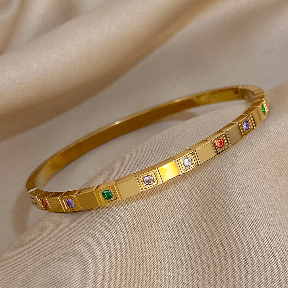 New Inlaid Square Small Colored Zircon Stainless Steel Bangle Bracelet for Women Luxury Gold Plated Cubic Zirconia Bracelets