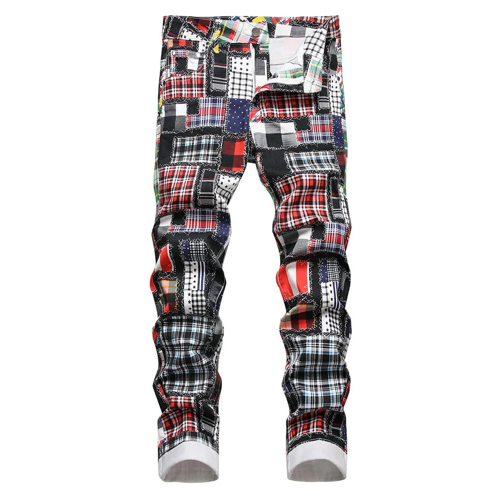 Männer Plaid Digital Print Jeans Mode Patches Patchwork Stretch Denim Hosen Schlank Gerade Hose
