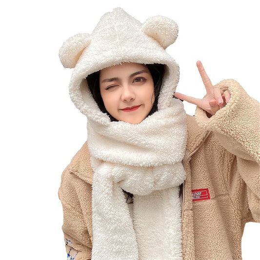 Winter Lamb Wool 3-In-1 Cute Bear Ear Hat Scarf Gloves Set Women Caps Warm Casual Plush Neck Hats Casual Fleece Girls Beanies
