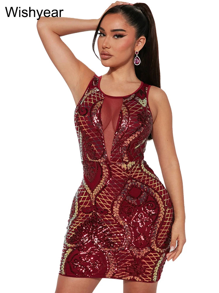 New Luxury Sequin Mesh See Through Bodycon Evening Party Club Mini Dresses Women Round Neck Sleeveless Slim Birthday Vestidos