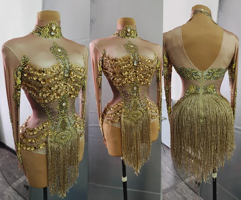 Sparkly Gold Crystals Fringes Leotard Women Rhinestones Performance Dance Costume Stage Wear Club Outfit Sexy Tassel Bodysuit