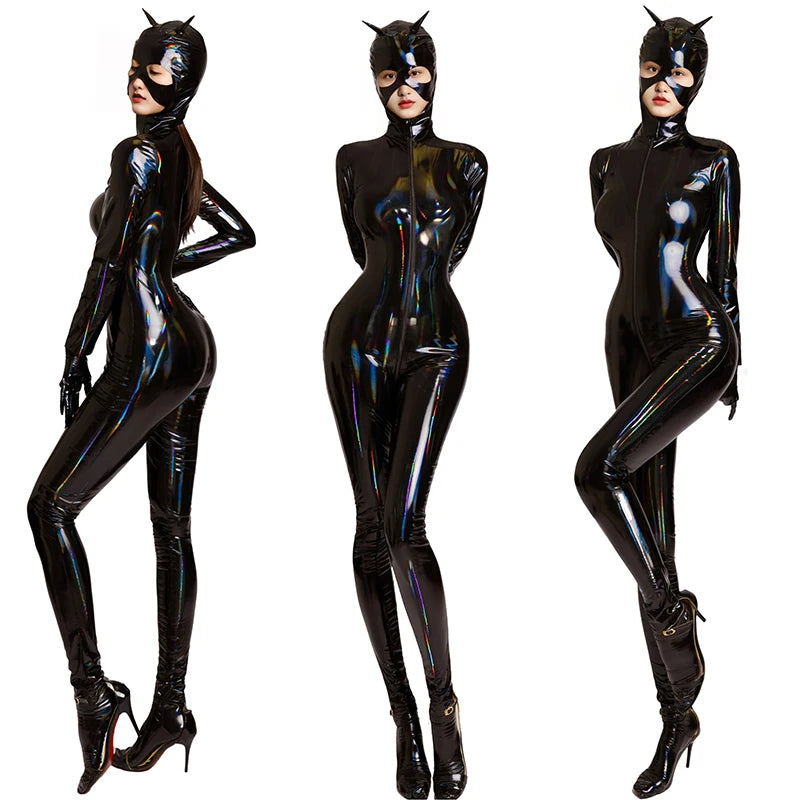 Adult Cat Girl Cosplay Costume Women Sexy Shiny Leather PU Zipper Open Crotch Bodysuit Tights One-piece Unitard Leotard Jumpsuit