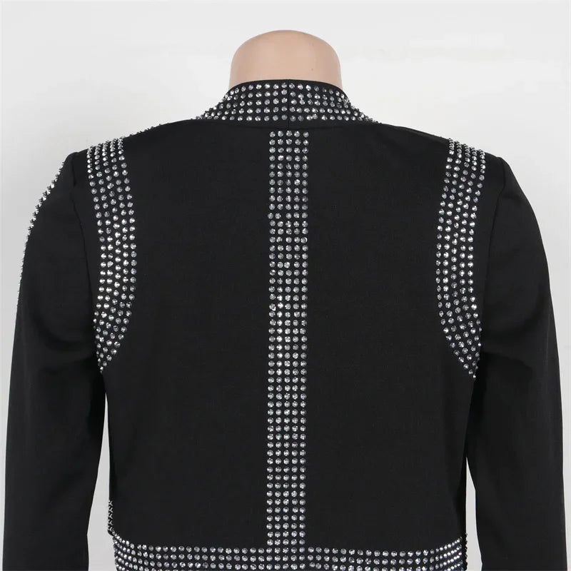 Sparkly Diamonds 3 Piece Short Sets Woman Outfits Rhinestones Luxury Cropped Jacket Top and Bra and Shorts Set Clubwear