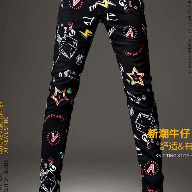 Luxuriöse Jeanshose für Herren, Hip-Hop-Jeans mit Graffiti-Print, Designer-Jeans in Slim Fit, trendige schwarze Jeans, Stretch-Cowboy-Baumwollhose für Männer