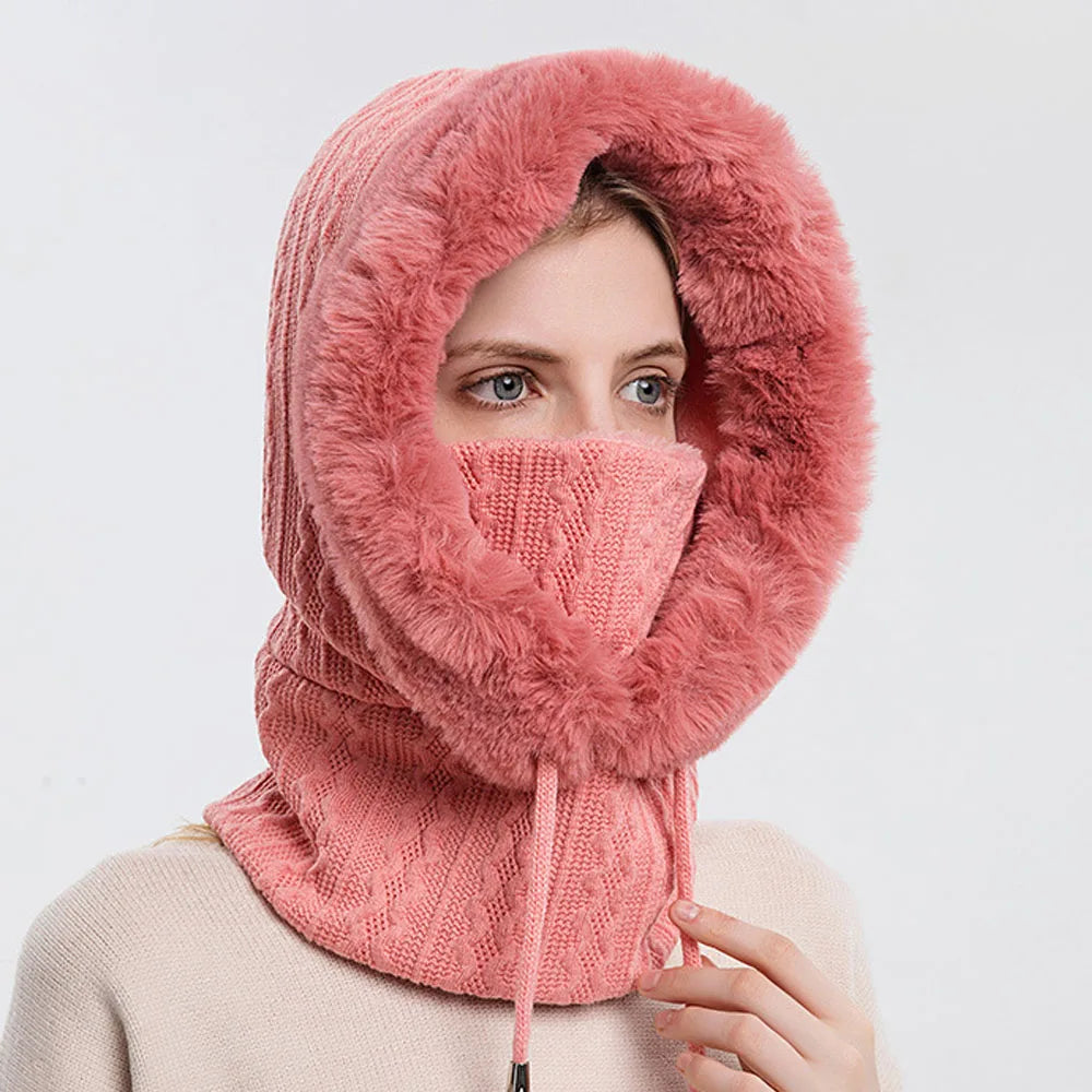 Winter Warm Beanie Hats Mask Scarf Ring Balaclava Hooded Pullover Knitted Hat One Piece Drawstring Hooded Outdoor Keep Warm Caps