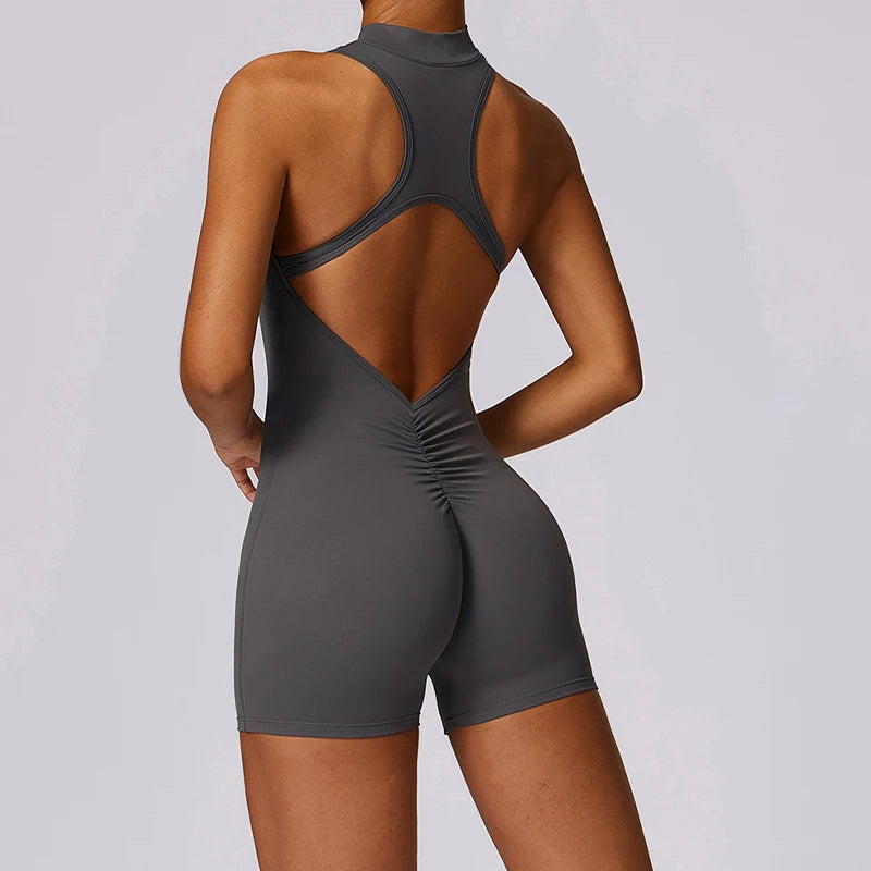 Neu V Zurück Scrunch Sport Overall Frauen Gym Strampler Ärmellose Sportbekleidung Bodys Frauen Zipper Einteiliges Anzug Yoga Kleidung