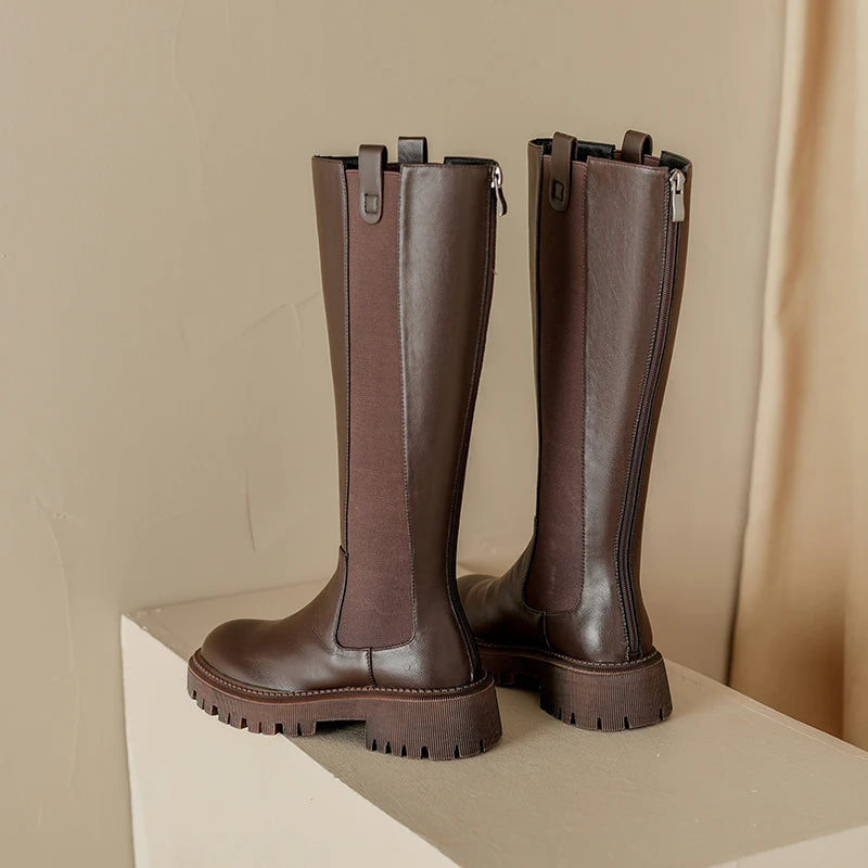 Autumn Winter New Women's High Boots Chelsea Boots Cow Leather Round Toe Heel Women Boots Knee-High Women Shoes Zipper